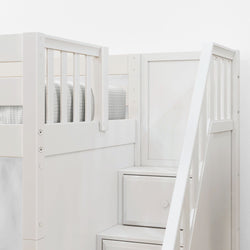 White loft bed with built-in storage and ladder for kids' bedroom.