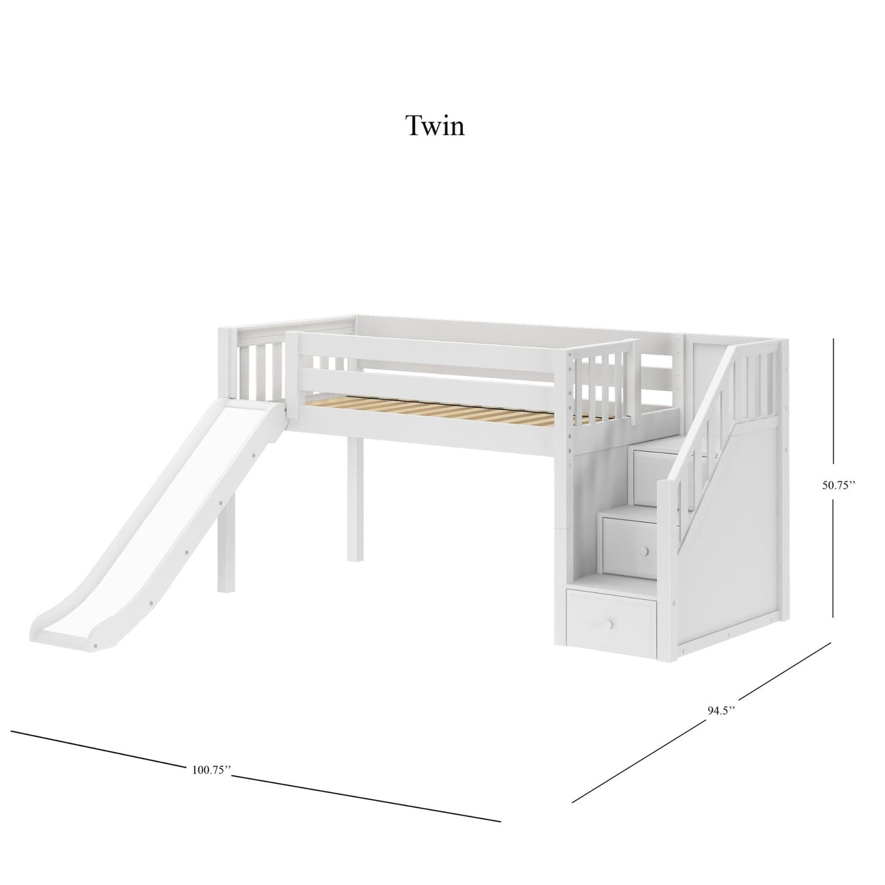 Twin white loft bed with slide and storage steps, dimensions included.