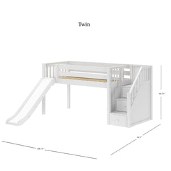 Twin white loft bed with slide and storage steps, dimensions included.