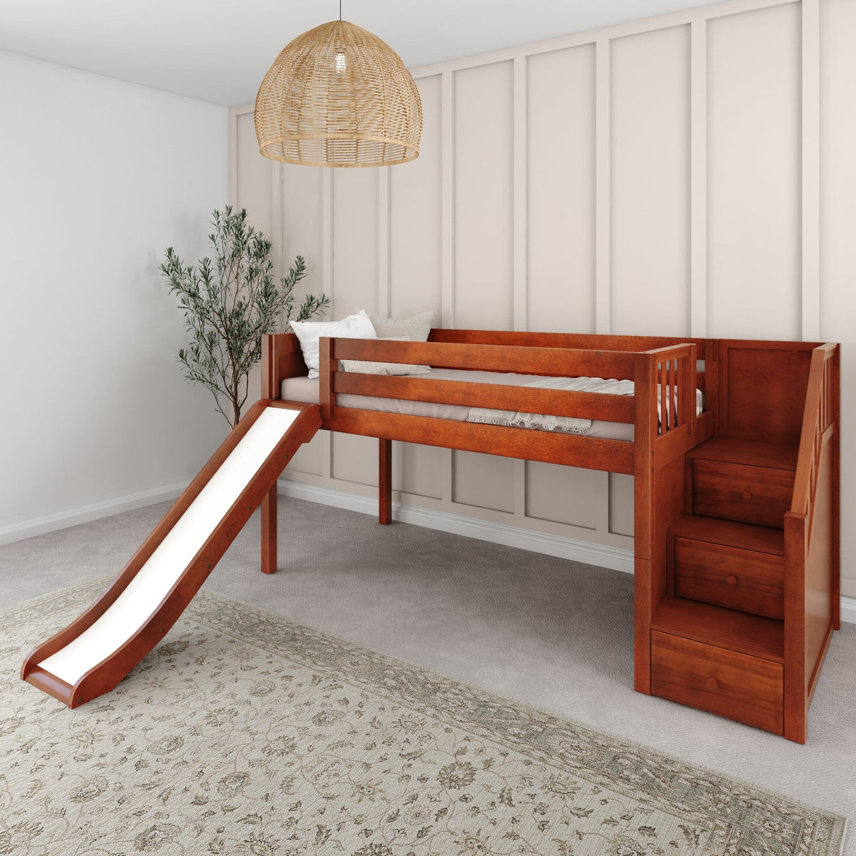 Kids wooden loft bed with slide and stairs in a modern bedroom.