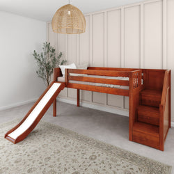 Kids wooden loft bed with slide and stairs in a modern bedroom.