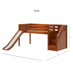 Wooden twin loft bed with slide and storage stairs, dimensions 100.75 x 94.5 x 50.75 inches.