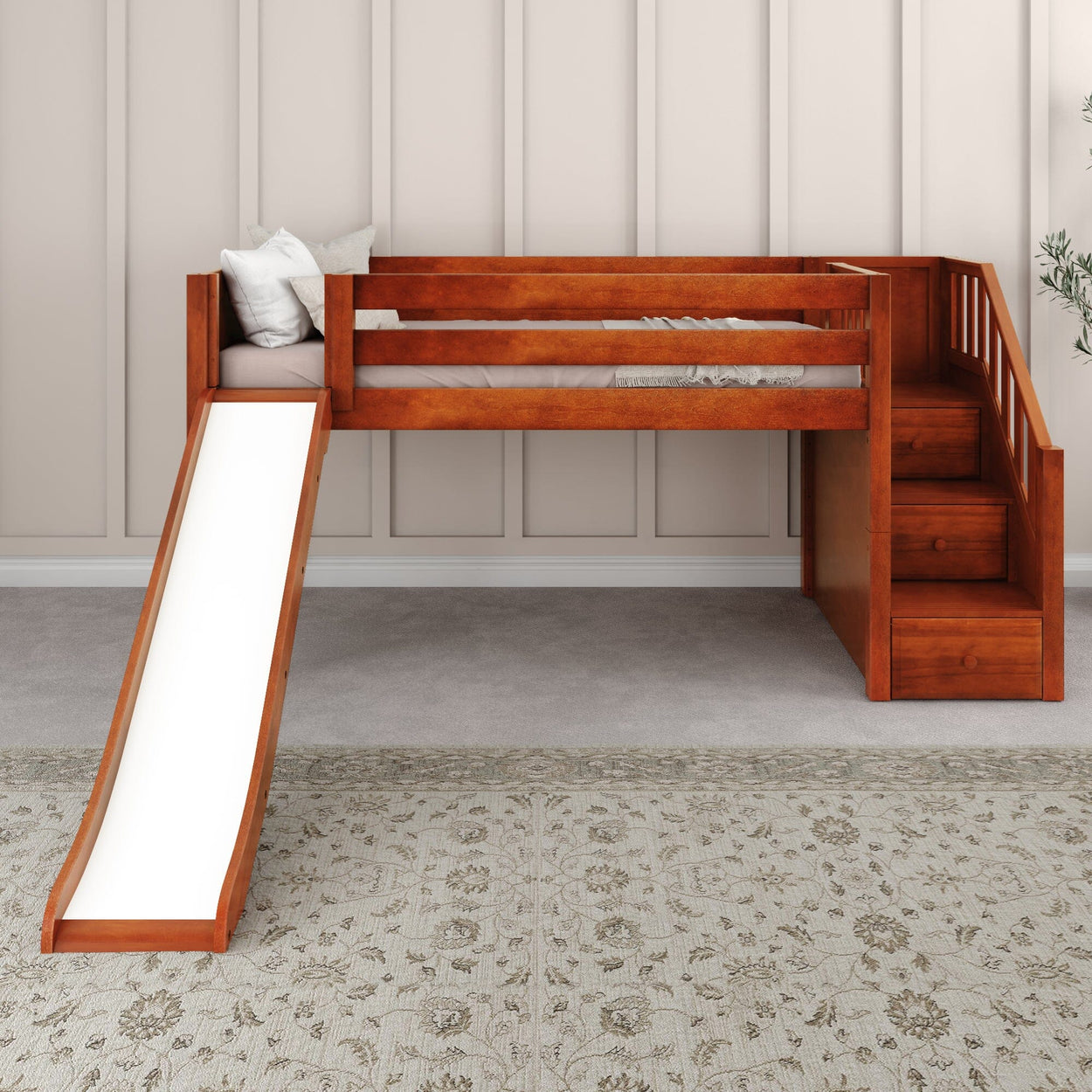 Wooden loft bed with slide and stairs, perfect for children's bedroom design.