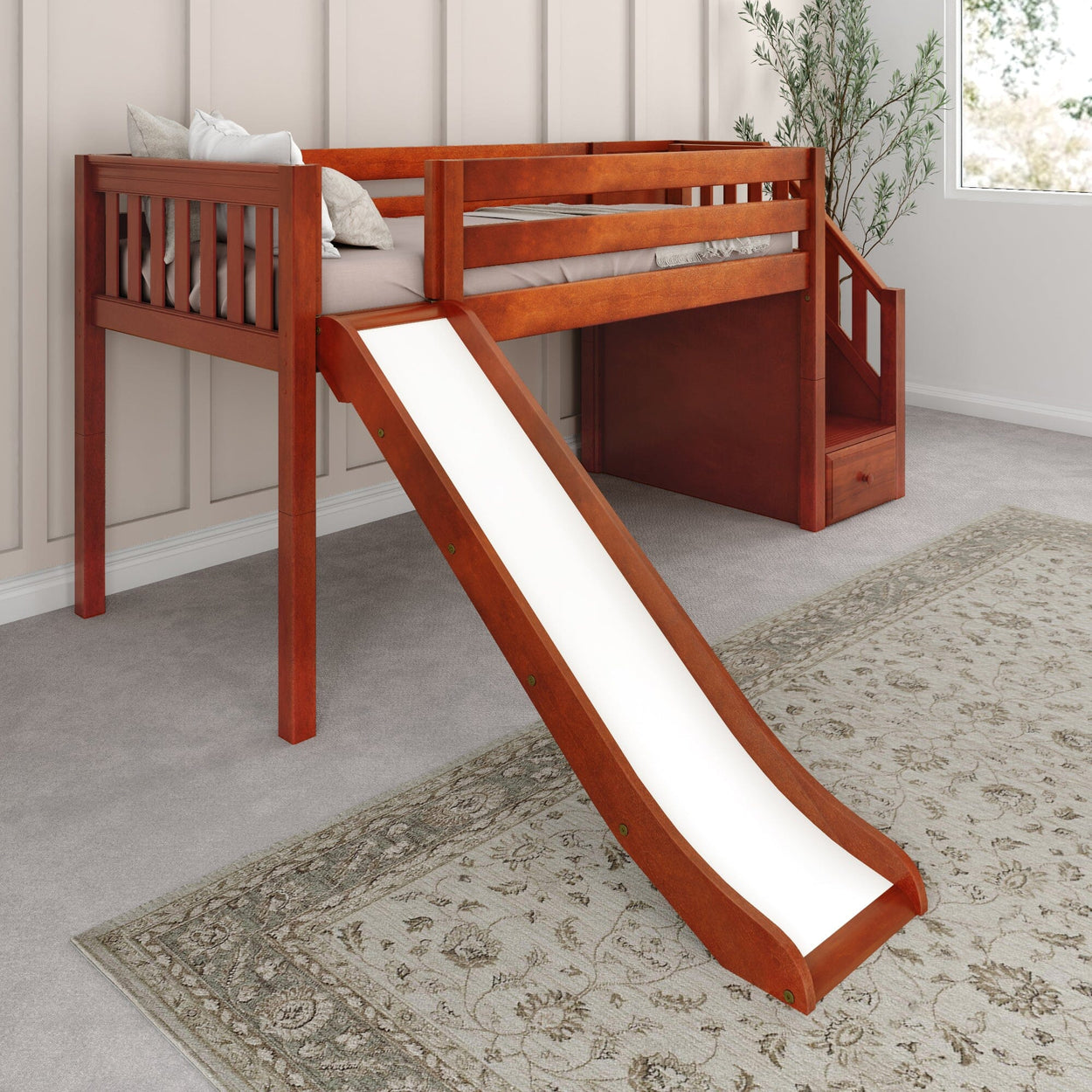 Wooden loft bed with slide in a kids' room featuring a carpet and plant.