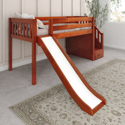 Wooden loft bed with slide in a kids' room featuring a carpet and plant.