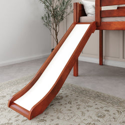 Wooden loft bed with slide in modern bedroom setting.