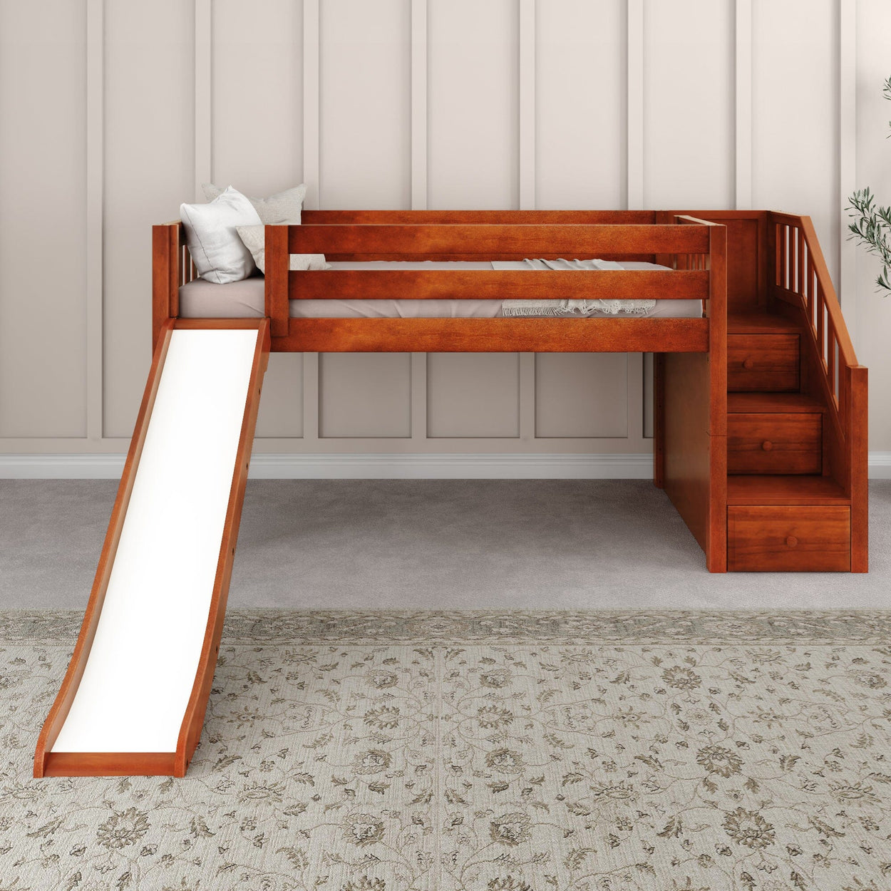 Wooden loft bed with slide and stairs in a modern bedroom setting.