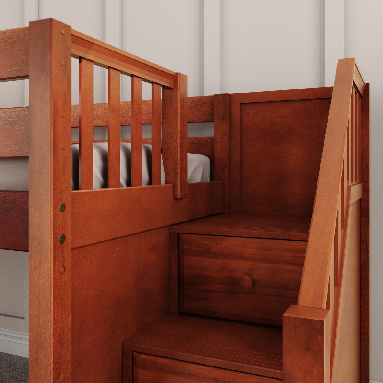Wooden bunk bed with staircase and built-in storage drawers.