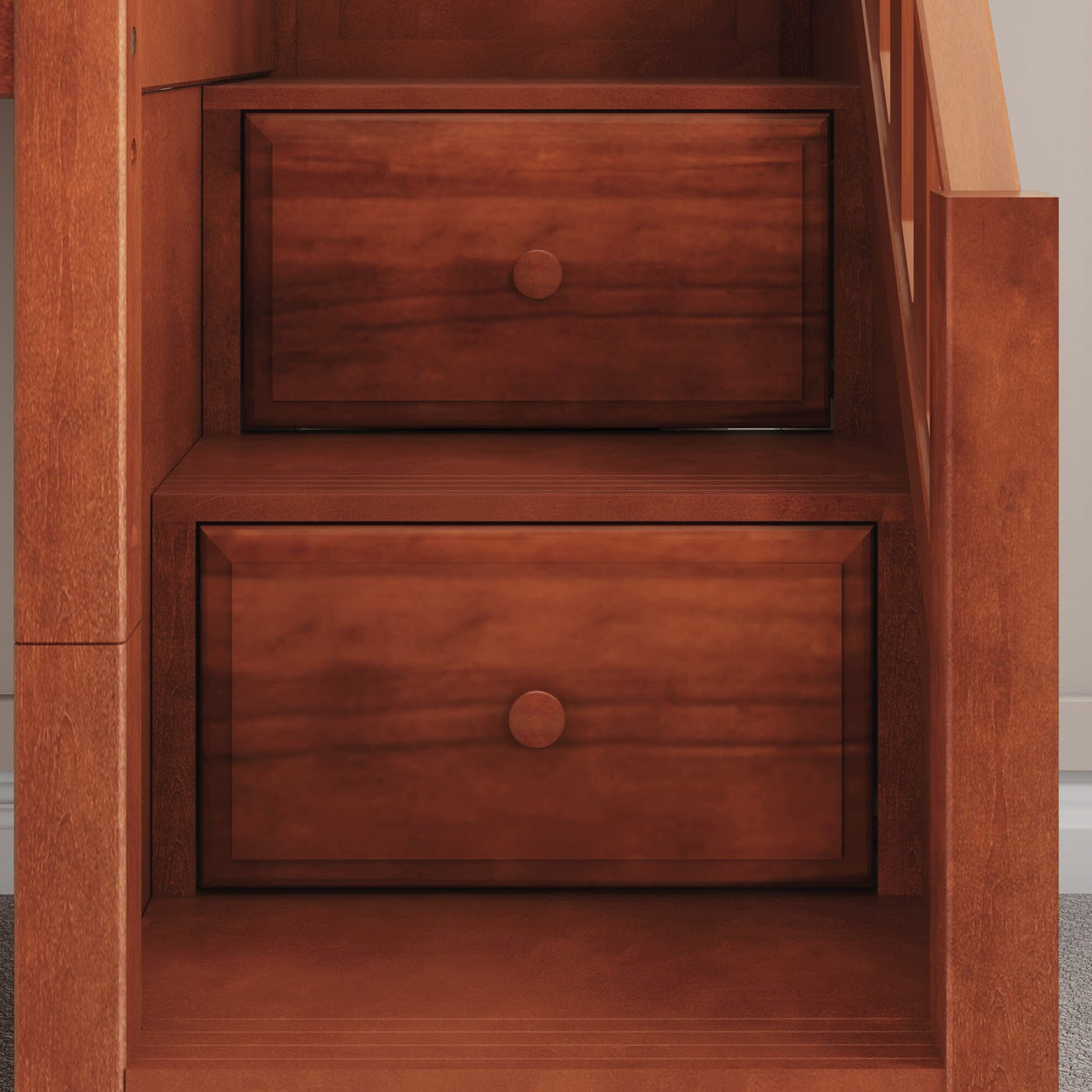 Wooden staircase with built-in storage drawers for space-saving interior design.