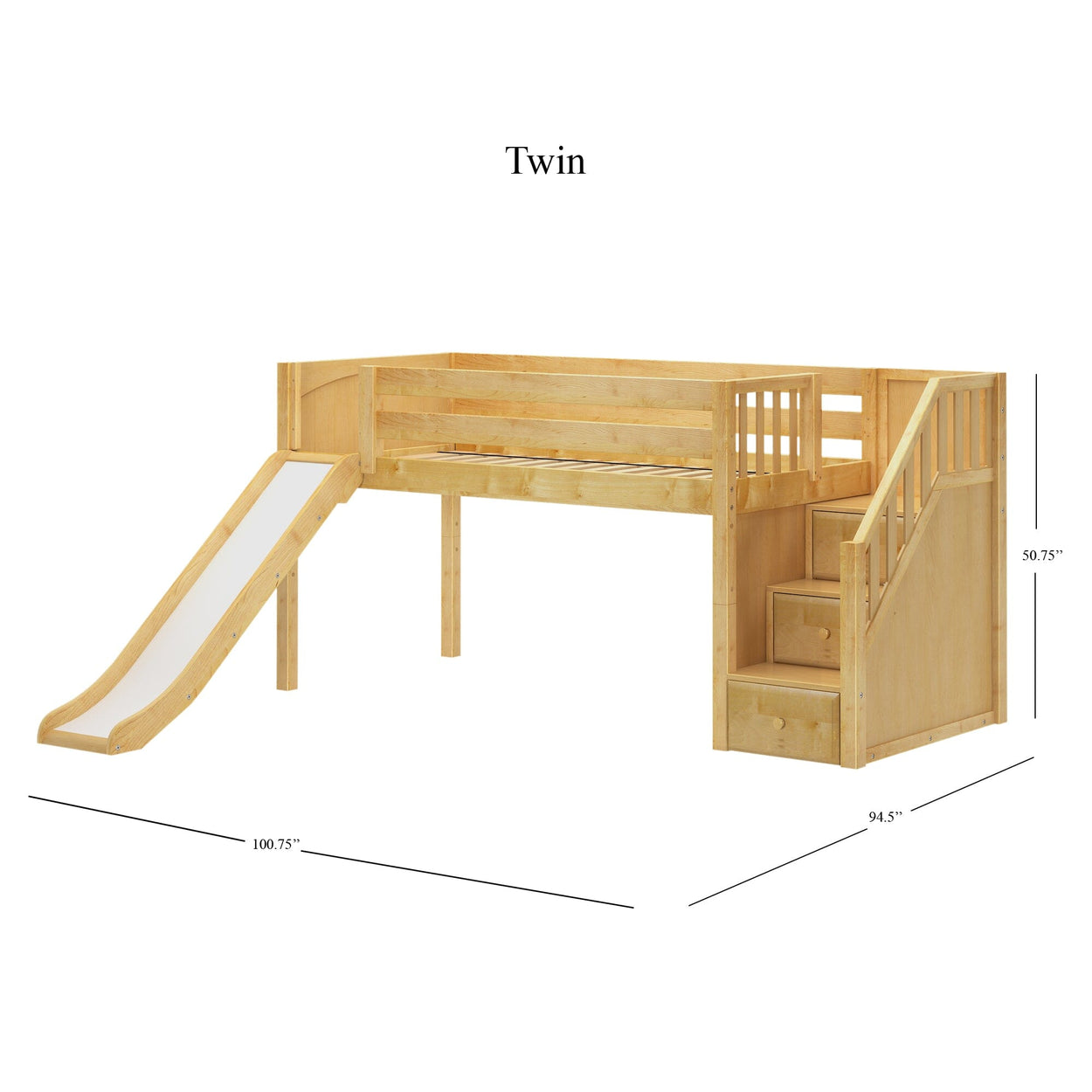 Wooden twin loft bed with slide and stairs, ideal for kids' bedroom furniture.