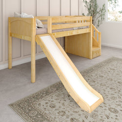 Children's wooden loft bed with slide and ladder in a cozy room setting.
