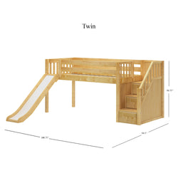 Twin loft bed with slide and stairs, natural wood finish, dimensions provided, ideal for children's room furniture.