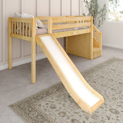 Wooden loft bed with slide and stairs in a cozy children's bedroom.