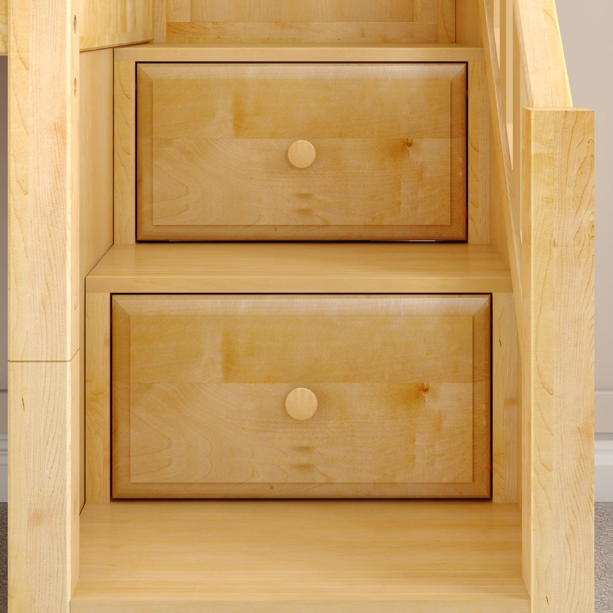 Wooden staircase with built-in storage drawers for space-saving solutions.