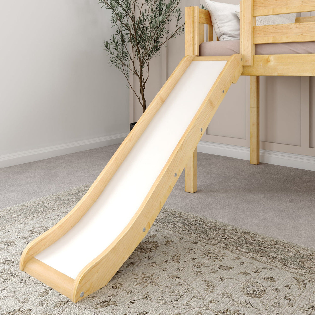 Wooden children's loft bed with a slide in a cozy bedroom setting.