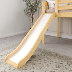 Wooden children's loft bed with a slide in a cozy bedroom setting.