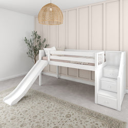 White loft bed with slide and stairs in a modern children's bedroom featuring a cozy carpet, beige panel wall, wicker pendant light, and decorative plant.