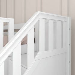 White wooden railing of a modern bed frame in a minimalistic bedroom design.
