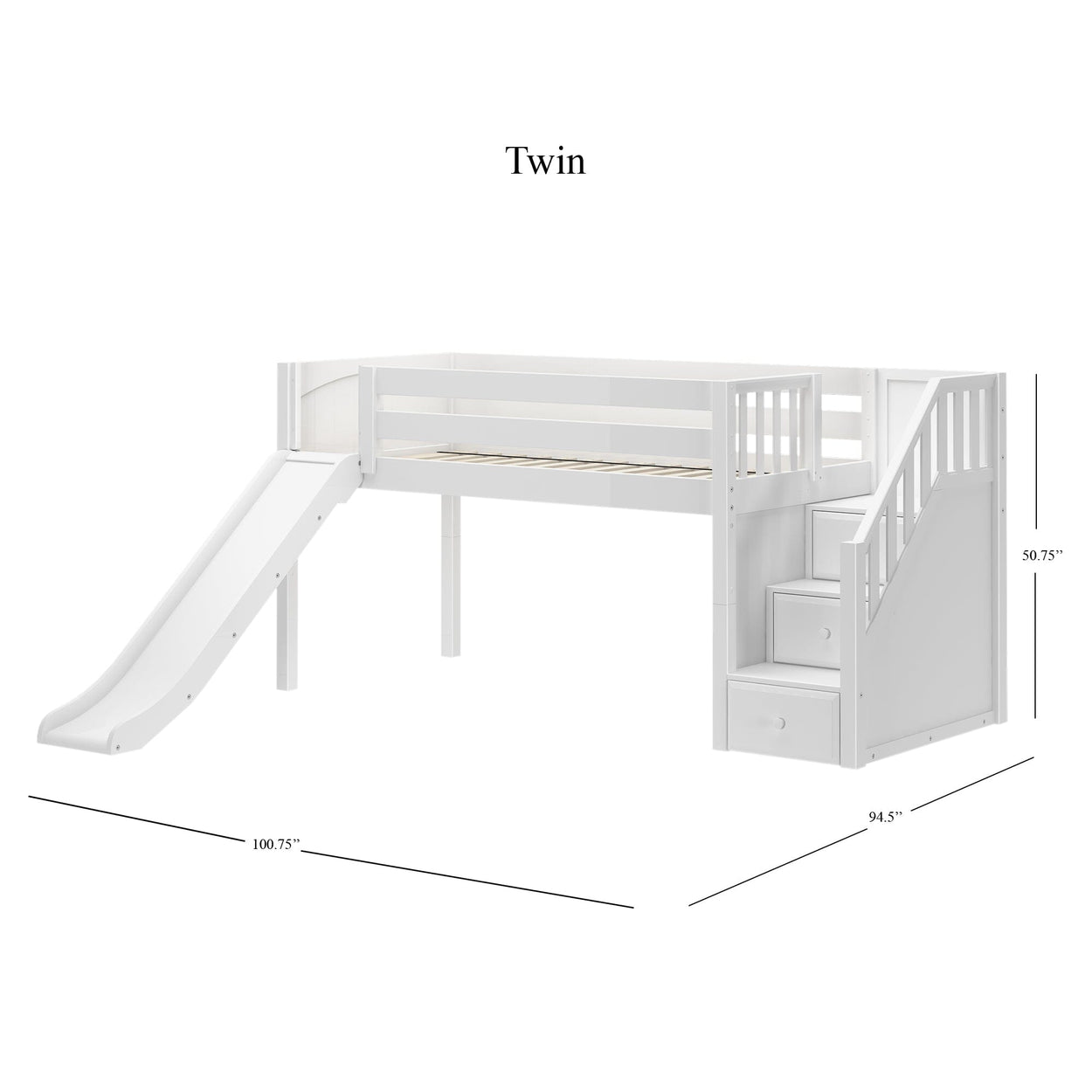 White twin loft bed with slide and staircase storage, dimensions 100.75" x 94.5" x 50.75".