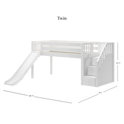 White twin loft bed with slide and staircase storage, dimensions 100.75" x 94.5" x 50.75".