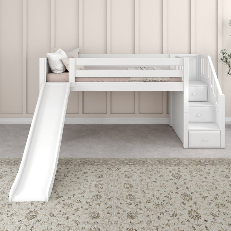 White wooden loft bed with slide and built-in storage stairs, pale pink bedding and pillows against beige paneled wall in minimalist nursery with patterned area rug
