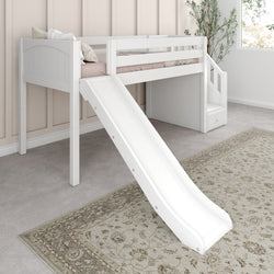 White loft bed with slide and stairs in a cozy children's bedroom.