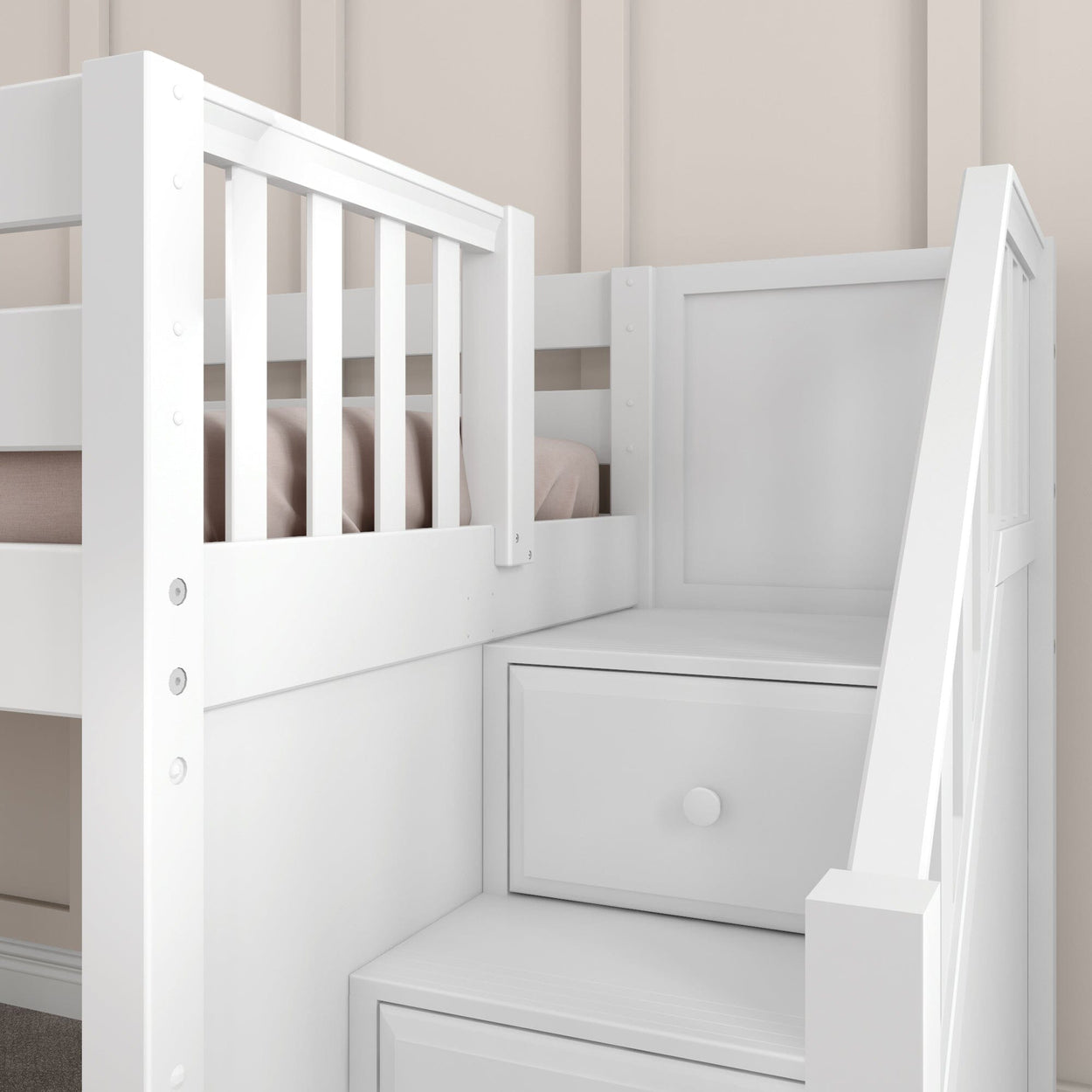White bunk bed with built-in staircase and storage drawers in modern bedroom.