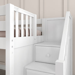 White bunk bed with built-in staircase and storage drawers in modern bedroom.