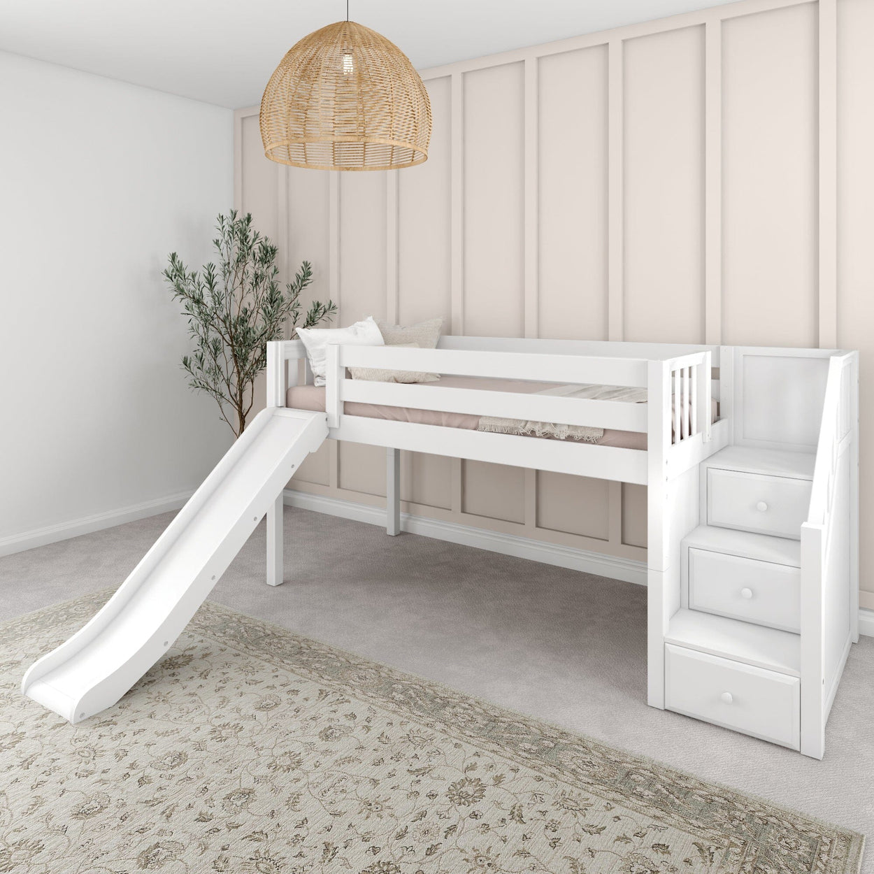 White loft bed with slide and stairs in modern children's bedroom.