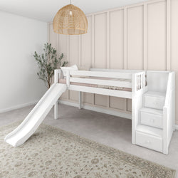 White loft bed with slide and stairs in modern children's bedroom.