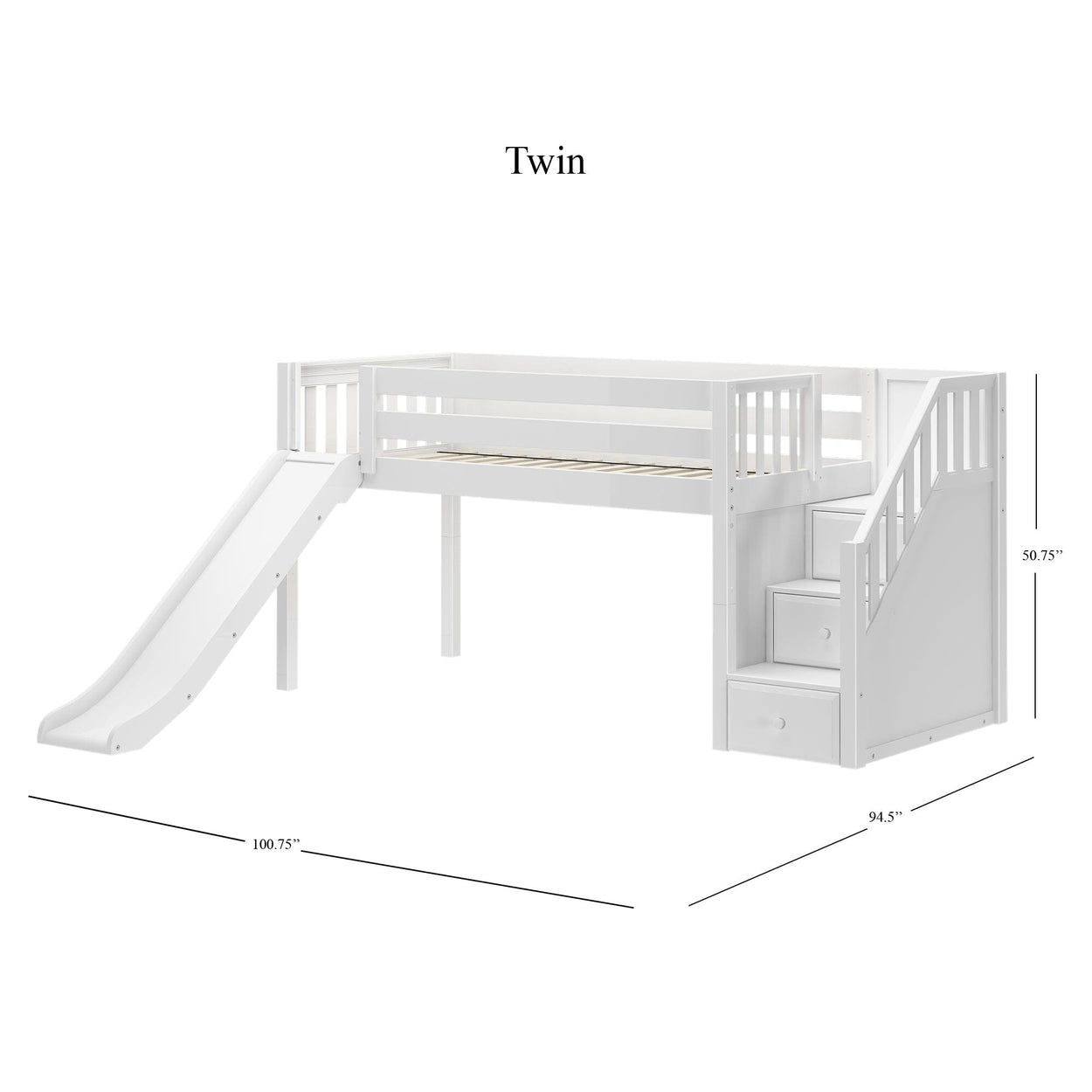 White twin loft bed with slide, stairs, and storage drawers, perfect for kids' bedrooms.
