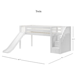 White twin loft bed with slide, stairs, and storage drawers, perfect for kids' bedrooms.
