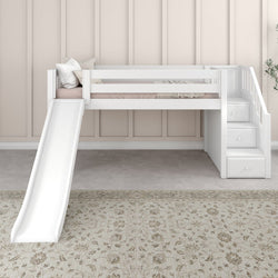 White loft bed with slide and staircase in modern children's bedroom.