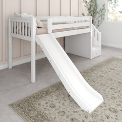 Children's white loft bed with slide and staircase in modern bedroom.