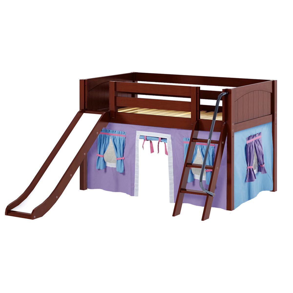 Loft bed with slide and tent for kids, cherry wood finish, colorful curtains.