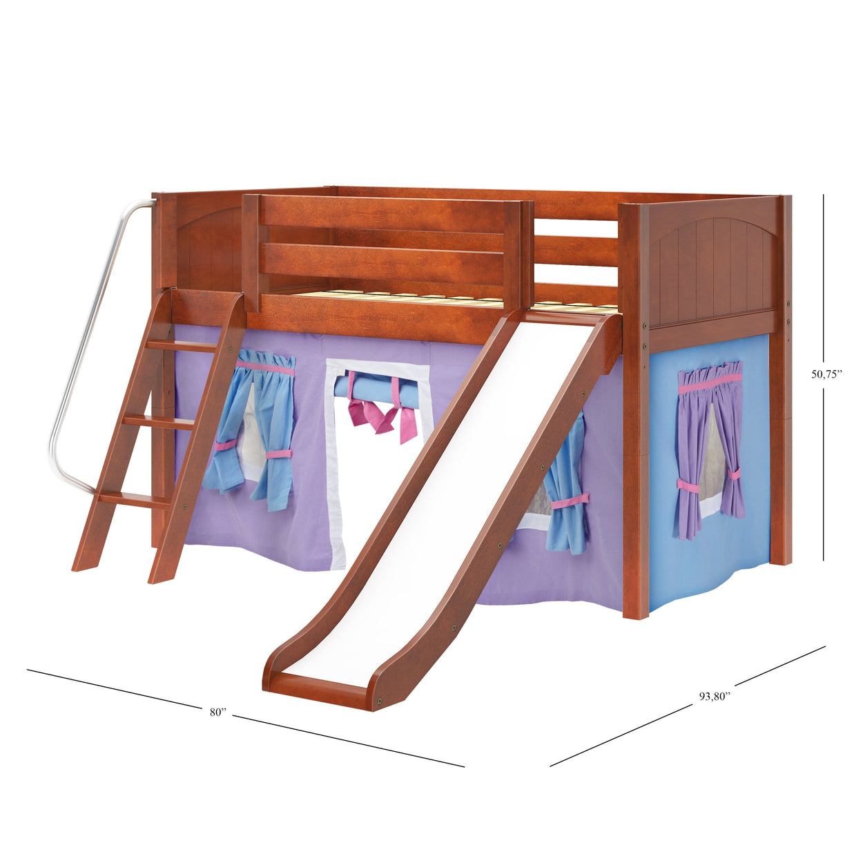 Loft bed with slide and playhouse curtain for kids, featuring a wooden ladder and colorful curtains.