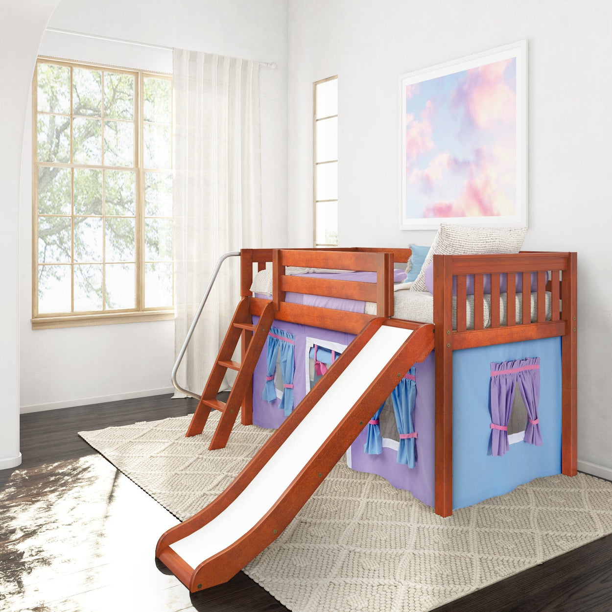 Kids' loft bed with slide and play curtains in a sunny bedroom.