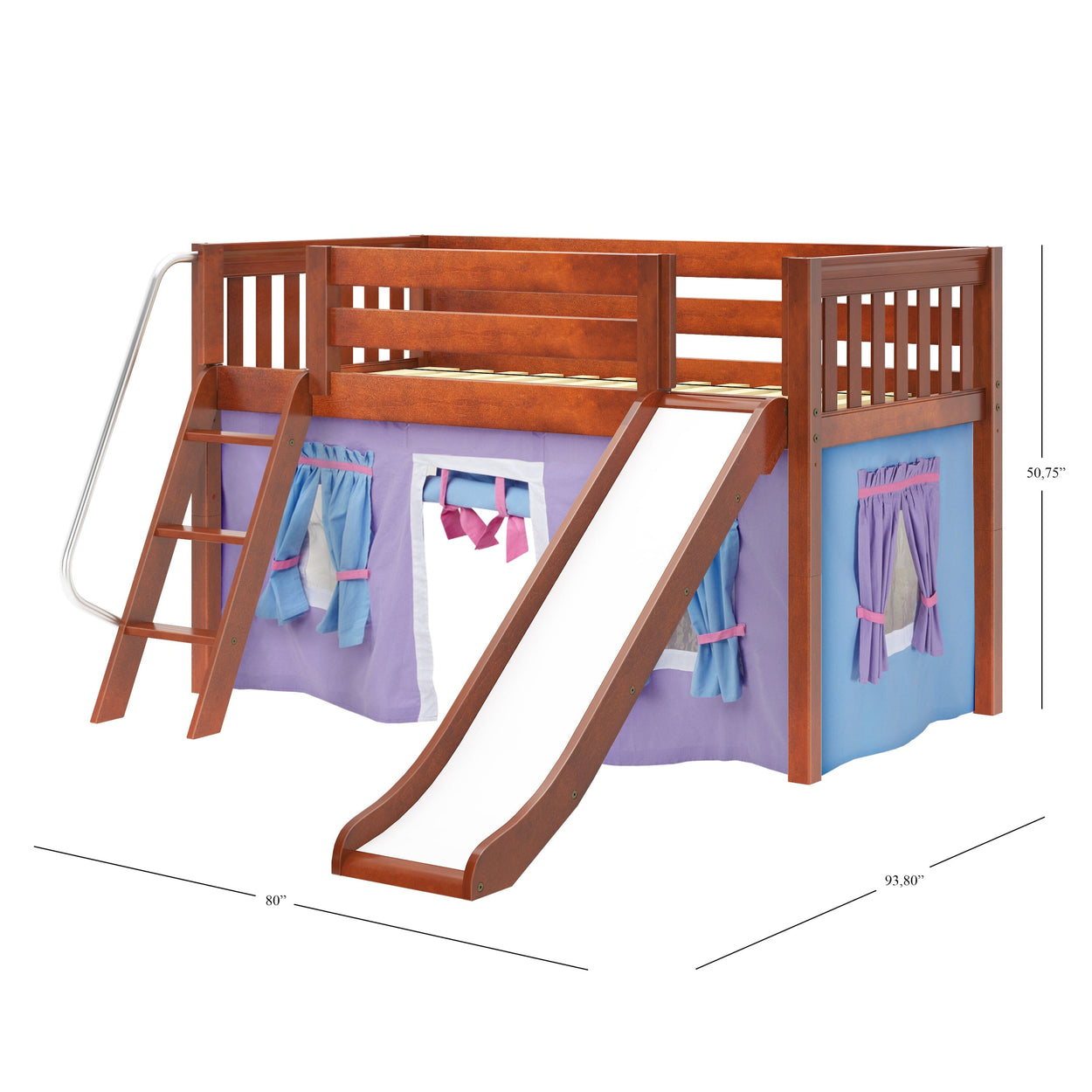 Children's loft bed with ladder and slide in colorful playhouse design.