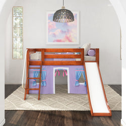 Kids' loft bed with slide, ladder, and play area curtains in modern bedroom setting.