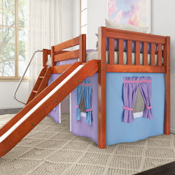 Wooden loft bed with slide and playhouse curtains in a bright children's bedroom.