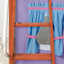 Bunk bed ladder with a vibrant purple and blue tent featuring playful curtains.
