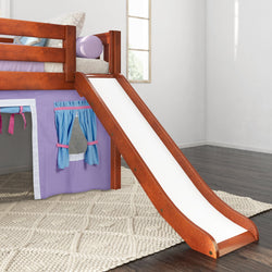 Wooden loft bed with white slide and purple tent in a child's bedroom.