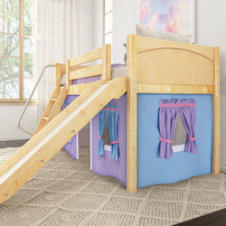 Children's loft bed with slide and playhouse curtains in a bright, cozy room.