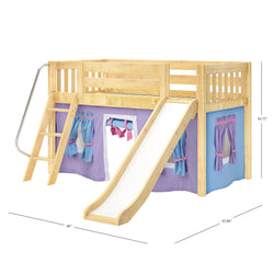 Wooden kids loft bed with playhouse curtain, slide, and ladder for a fun bedroom setup.