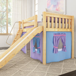 Wooden loft bed with slide and colorful playhouse curtains for children's room.