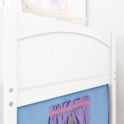 White panel bed frame with blue and purple attached curtain for children's room.