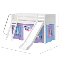 Children's white loft bed with slide and colorful fabric curtain accents, featuring built-in ladder for kids' playful bedroom.