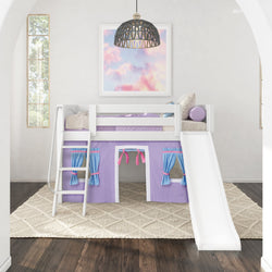 White loft bed with slide and purple curtains in a bright children's room with an art piece on the wall.