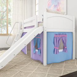 Children's white loft bed with purple and blue playhouse curtains and slide in a bright bedroom.