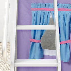 White bunk bed ladder with purple and blue fabric curtains, providing a cozy and colorful bedroom decor for kids.